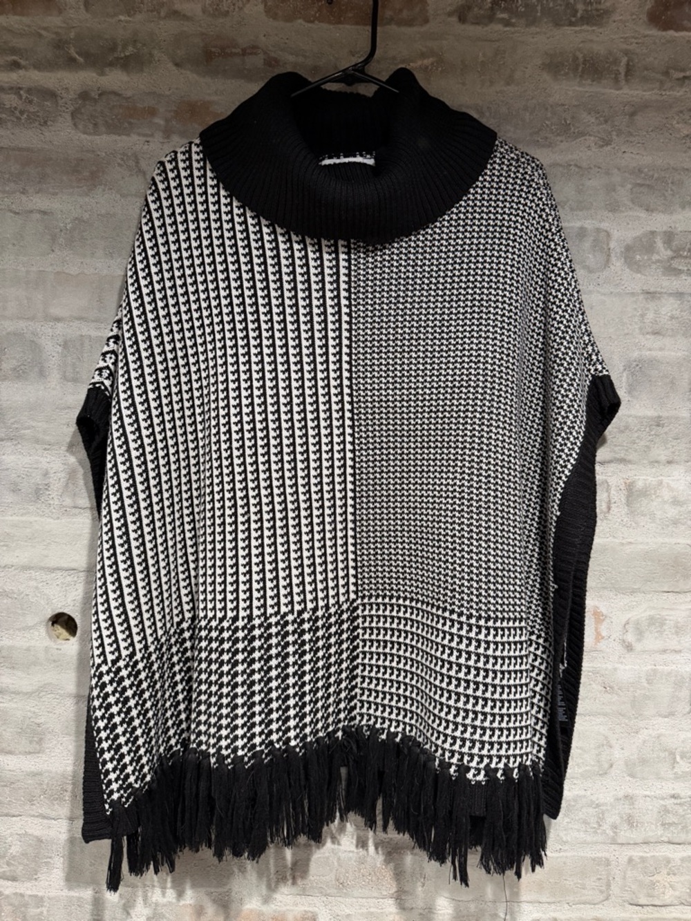 White House Black Market Black & White Fringe Turtleneck Poncho Sweater